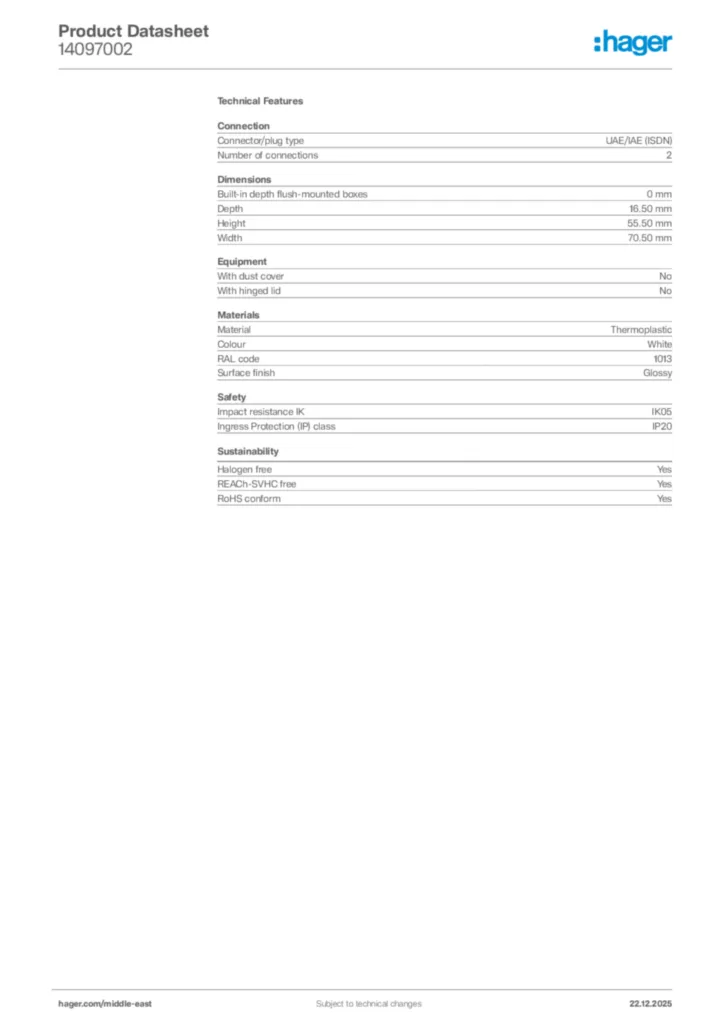 Image Hager Product data sheet 14097002  | Hager