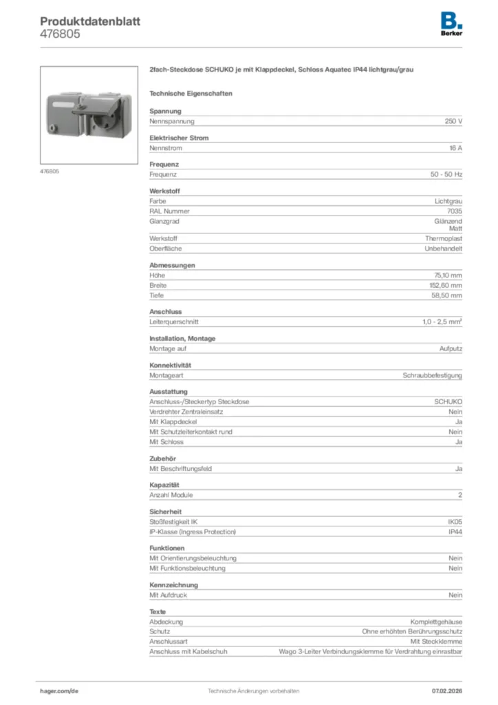 Bild Berker Produktdatenblatt 476805 | Hager Deutschland