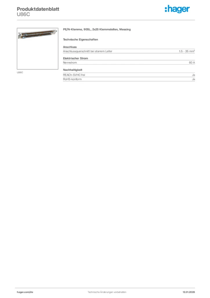Bild Hager Produktdatenblatt U86C | Hager Deutschland