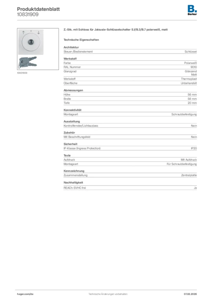 Bild Berker Produktdatenblatt 10831909 | Hager Deutschland