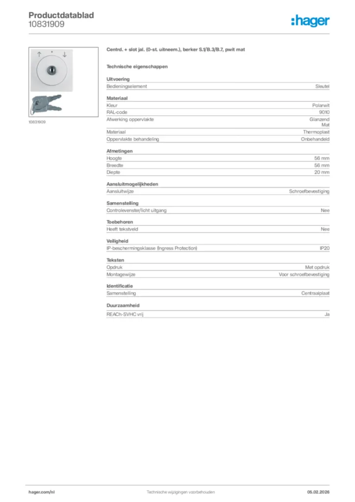 Afbeelding Hager Productdatablad 10831909 | Hager Nederland