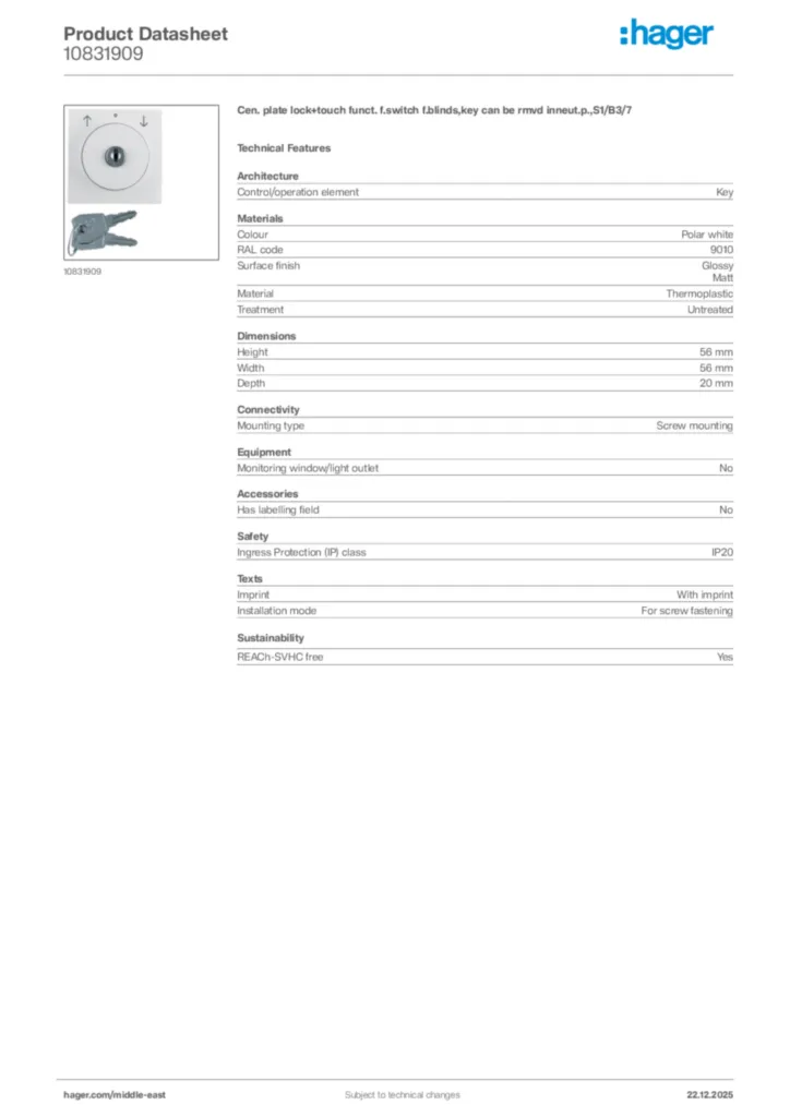 Image Hager Product data sheet 10831909  | Hager