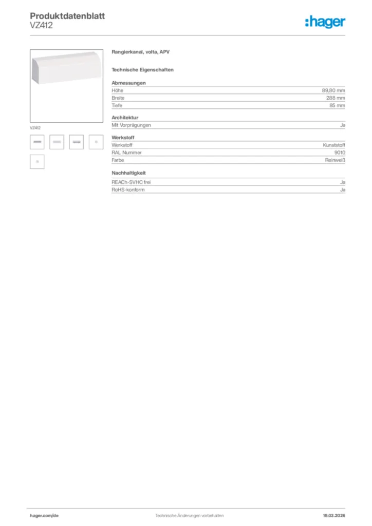 Bild Hager Produktdatenblatt VZ412 | Hager Deutschland