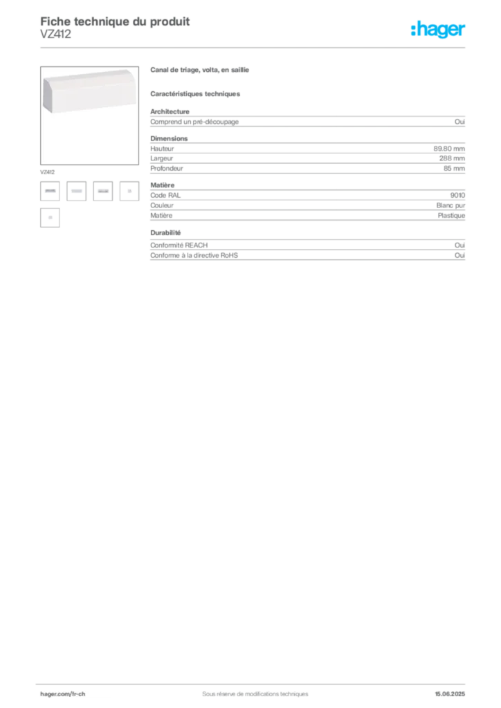 Image Hager Fiche technique du produit VZ412 | Hager Suisse