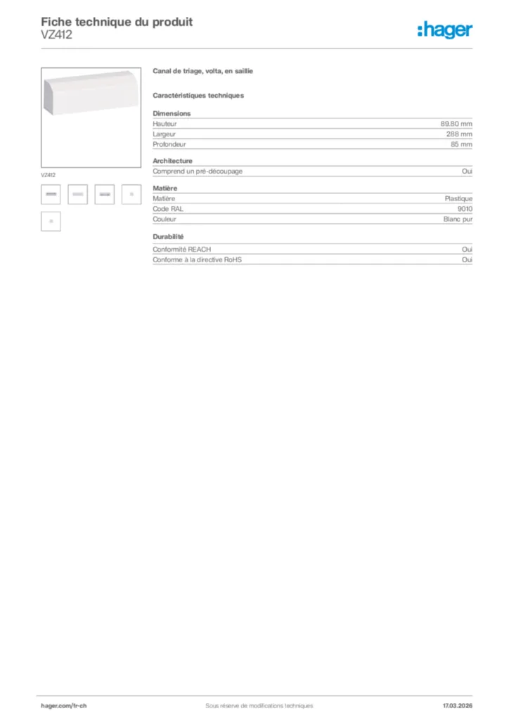 Image Hager Fiche technique du produit VZ412 | Hager Suisse
