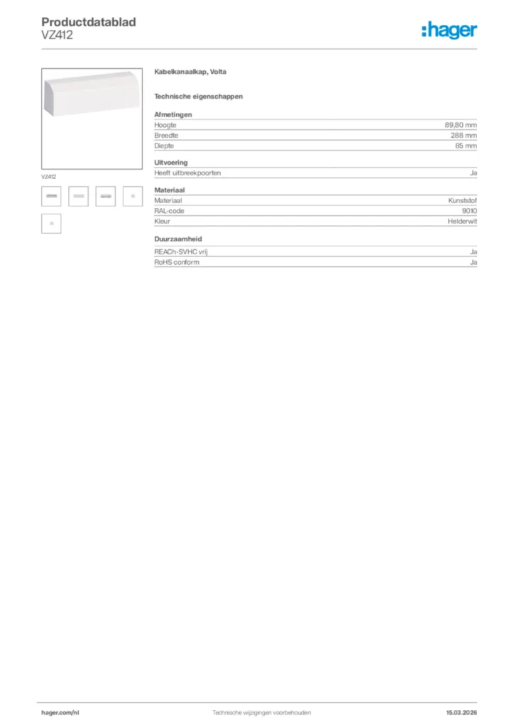 Afbeelding Hager Productdatablad VZ412 | Hager Nederland