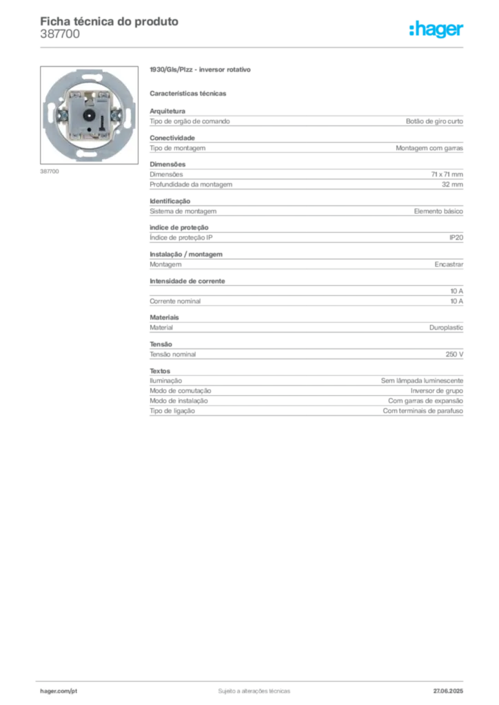 Imagem Hager Ficha técnica do produto 387700 | Hager Portugal