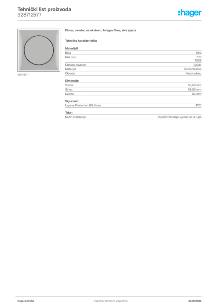 Slika Hager Product data sheet 928712577  | Hager
