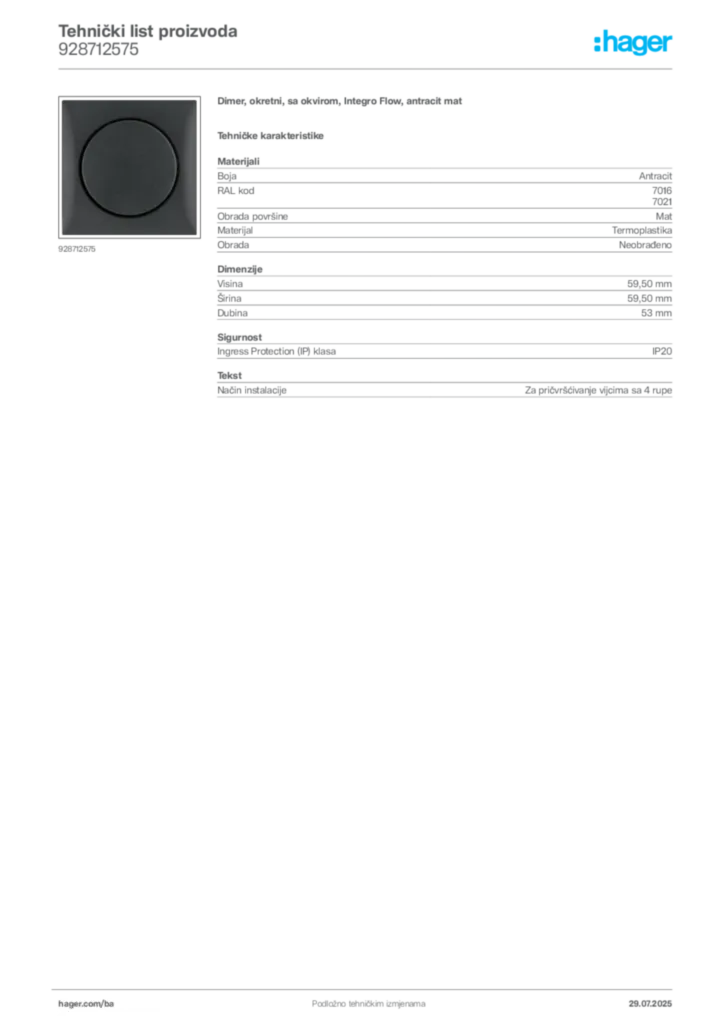 Slika Hager Product data sheet 928712575  | Hager