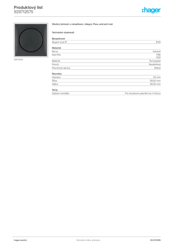 Obrázek Hager Produktový list 928712575 | Hager