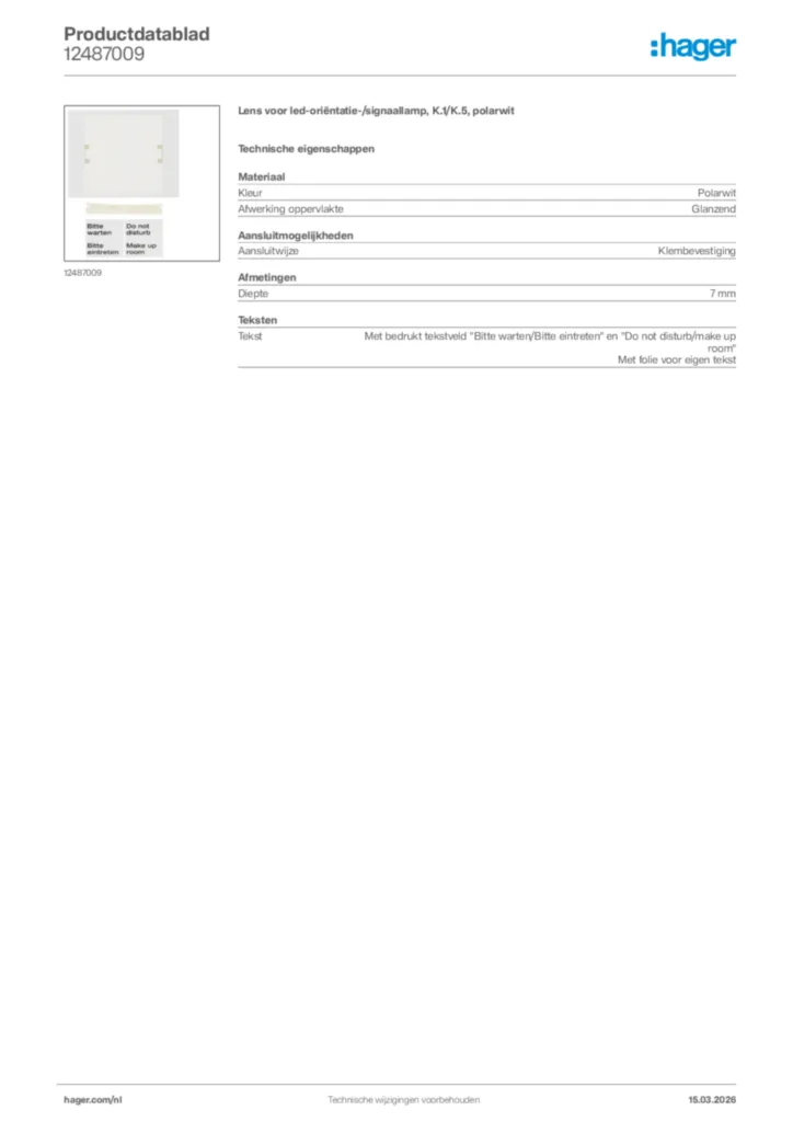 Afbeelding Hager Productdatablad 12487009 | Hager Nederland