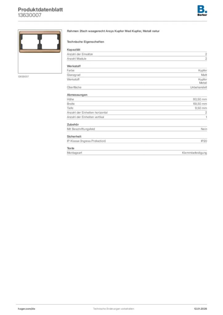 Bild Berker Produktdatenblatt 13630007 | Hager Deutschland