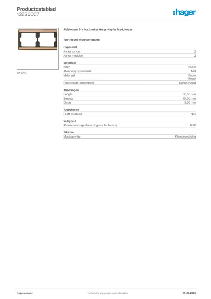 Afbeelding Hager Productdatablad 13630007 | Hager Nederland