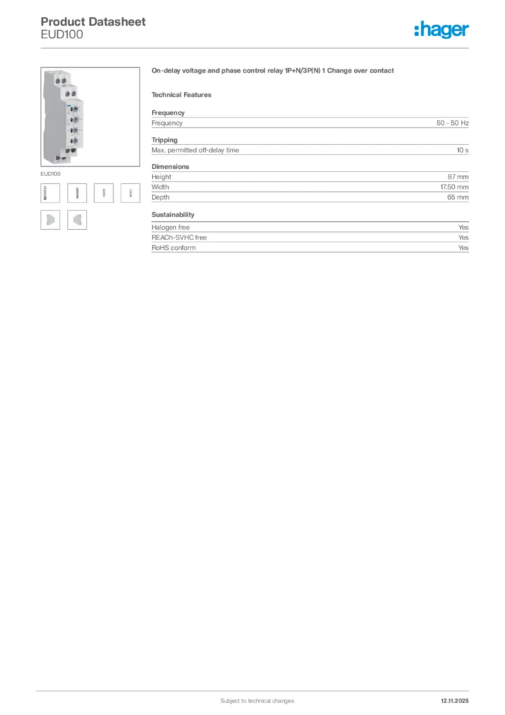 Image Hager Product data sheet EUD100  | Hager Africa
