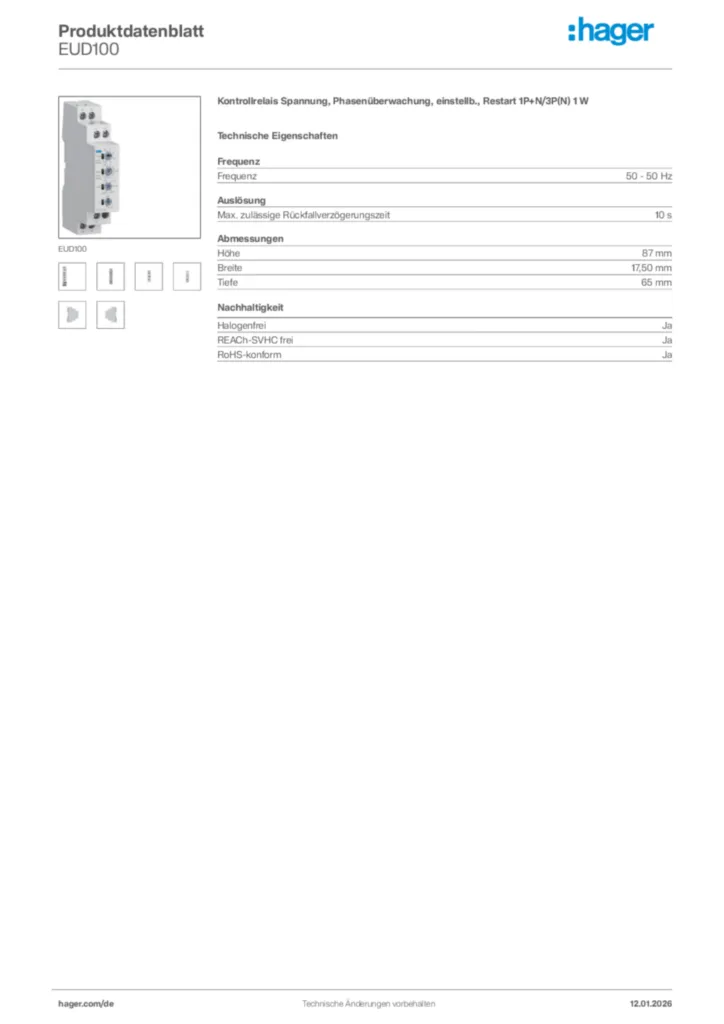 Bild Hager Produktdatenblatt EUD100 | Hager Deutschland