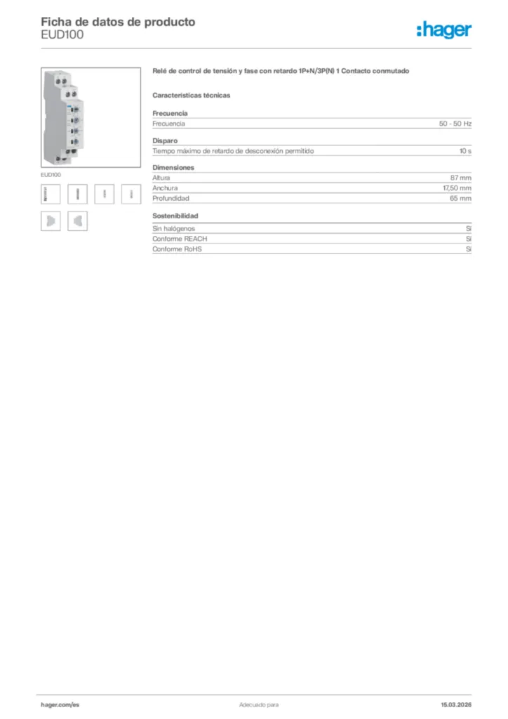 Imagen Hager Ficha de datos de producto EUD100 | Hager España