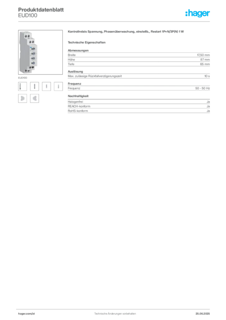 Bild Hager Produktdatenblatt EUD100 | Hager Deutschland