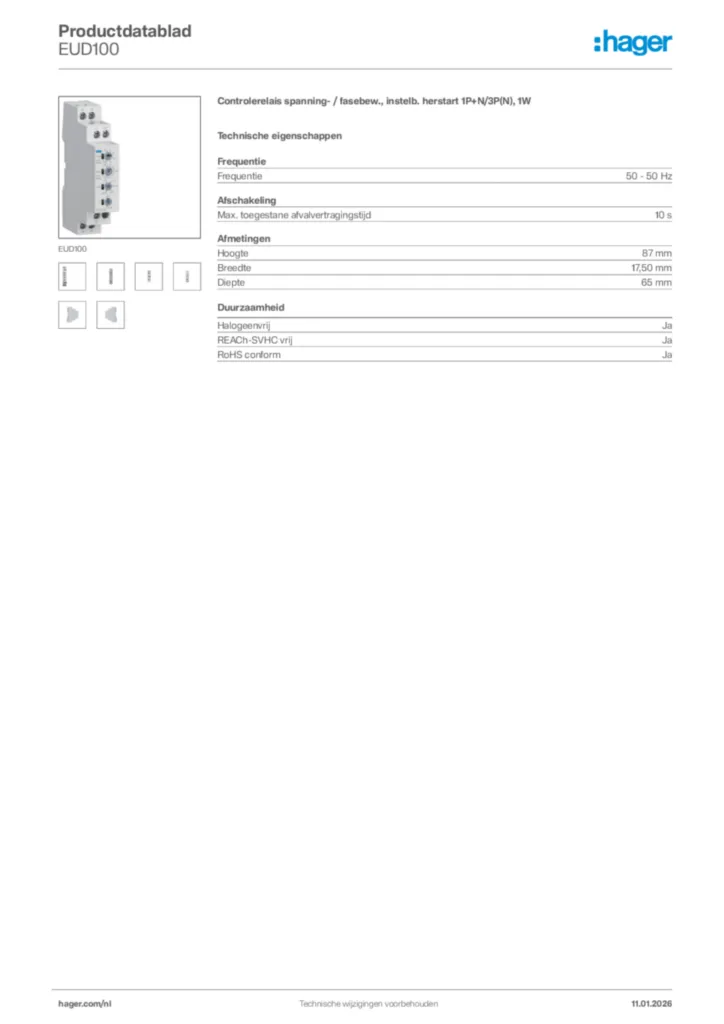 Afbeelding Hager Productdatablad EUD100 | Hager Nederland