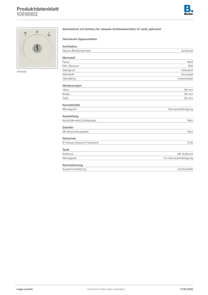 Bild Berker Produktdatenblatt 10818982 | Hager Deutschland