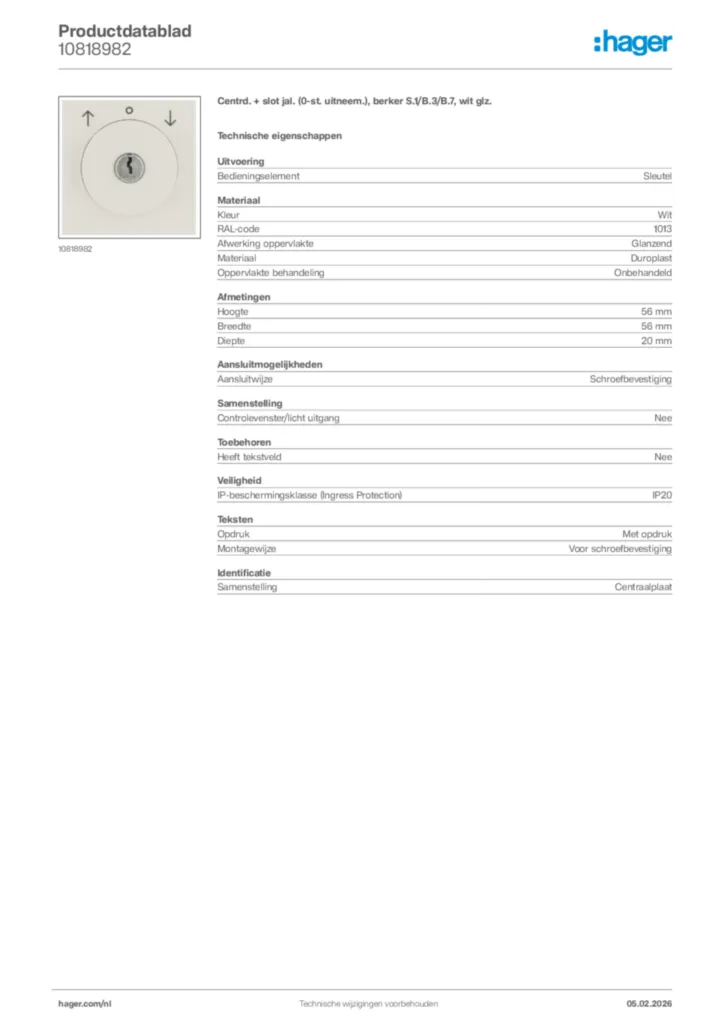 Afbeelding Hager Productdatablad 10818982 | Hager Nederland