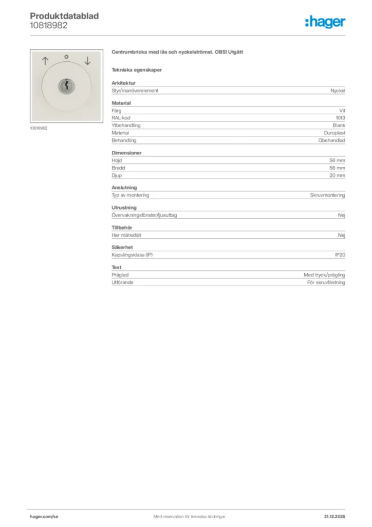 Bild Hager Produktdatablad 10818982 | Hager Sverige