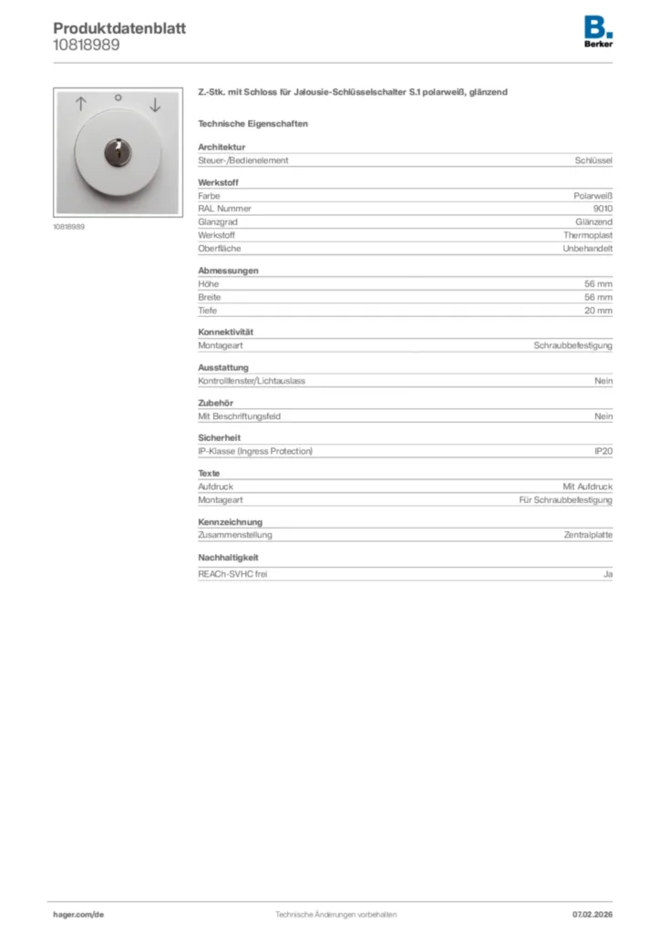 Bild Berker Produktdatenblatt 10818989 | Hager Deutschland