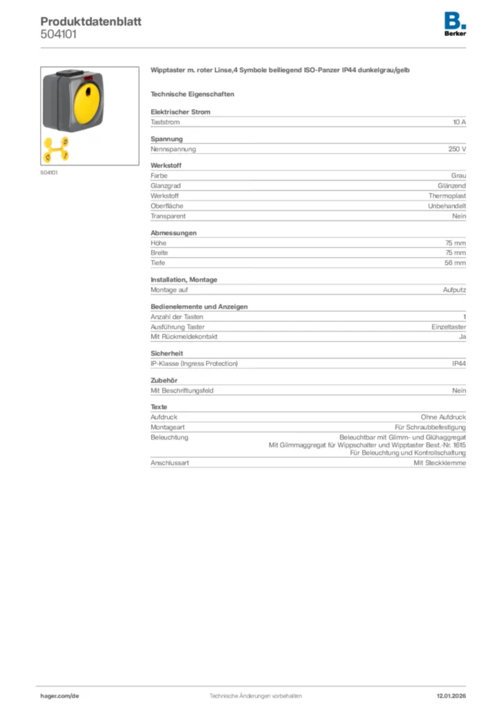 Bild Berker Produktdatenblatt 504101 | Hager Deutschland