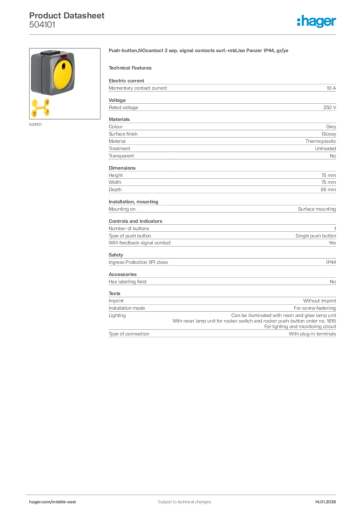 Image Hager Product data sheet 504101  | Hager