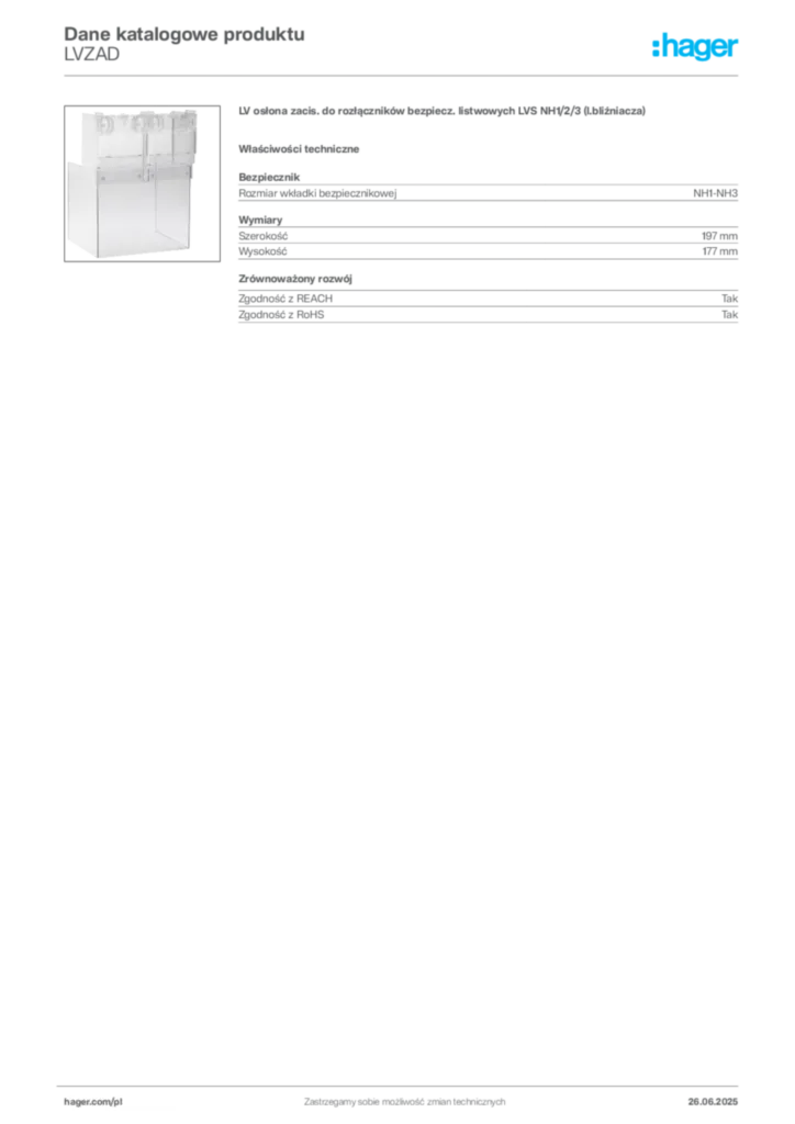 Zdjęcie Hager Dane katalogowe produktu LVZAD | Hager Polska