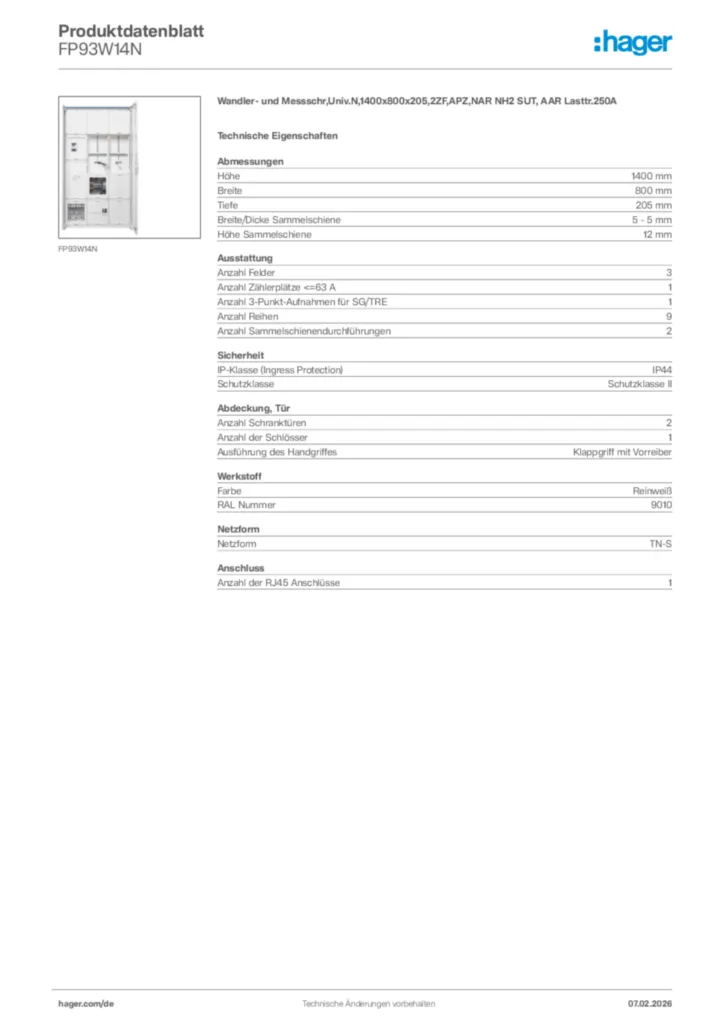Bild Hager Produktdatenblatt FP93W14N | Hager Deutschland
