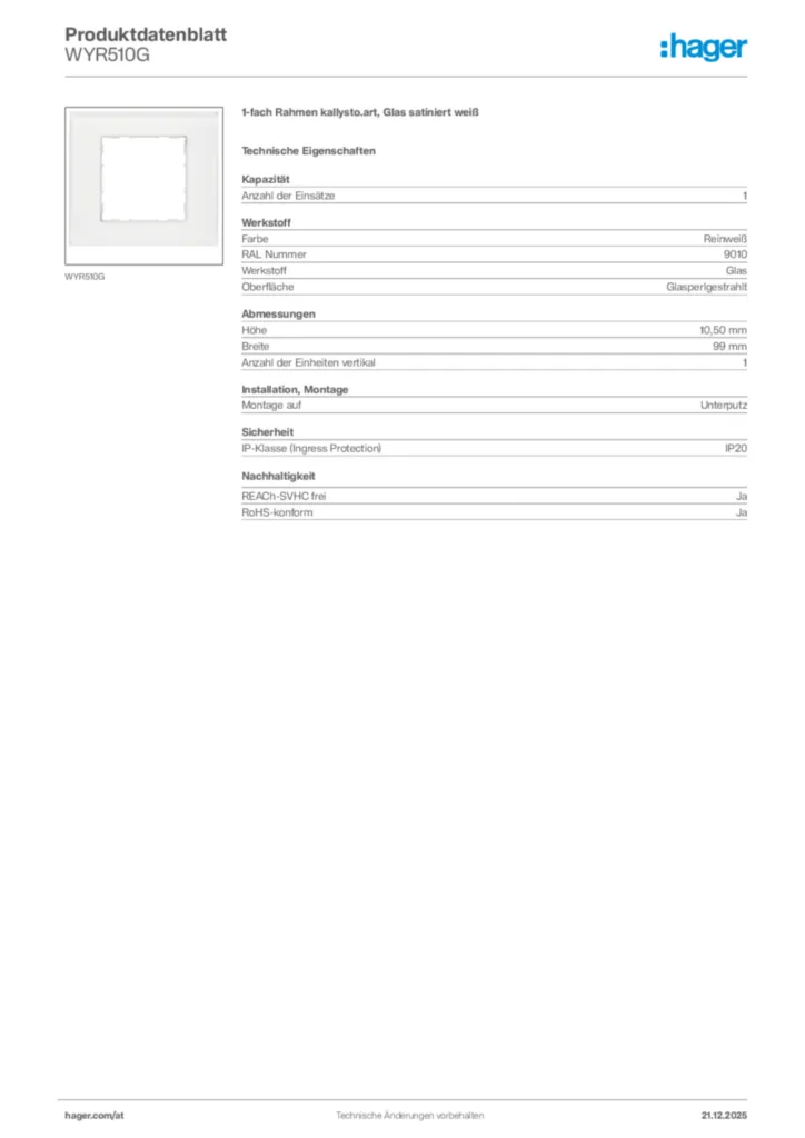 Bild Hager Produktdatenblatt WYR510G | Hager Deutschland