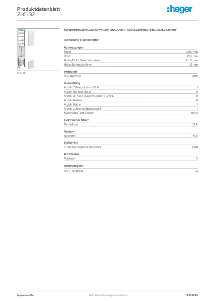 Bild Hager Produktdatenblatt ZH5L9Z | Hager Deutschland