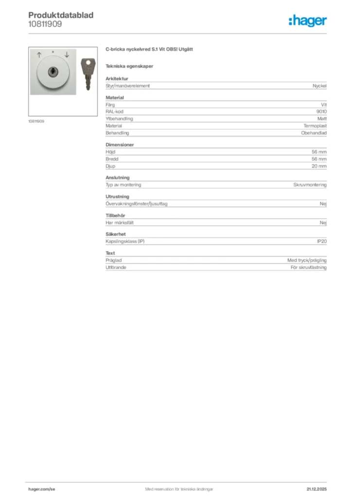 Bild Hager Produktdatablad 10811909 | Hager Sverige