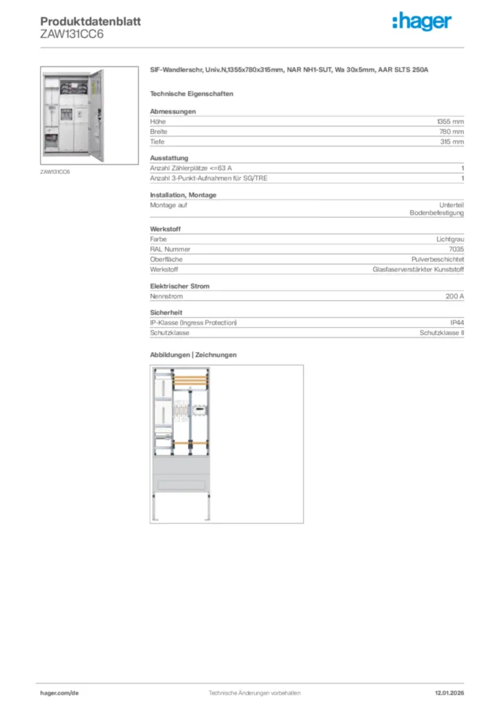 Bild Hager Produktdatenblatt ZAW131CC6 | Hager Deutschland