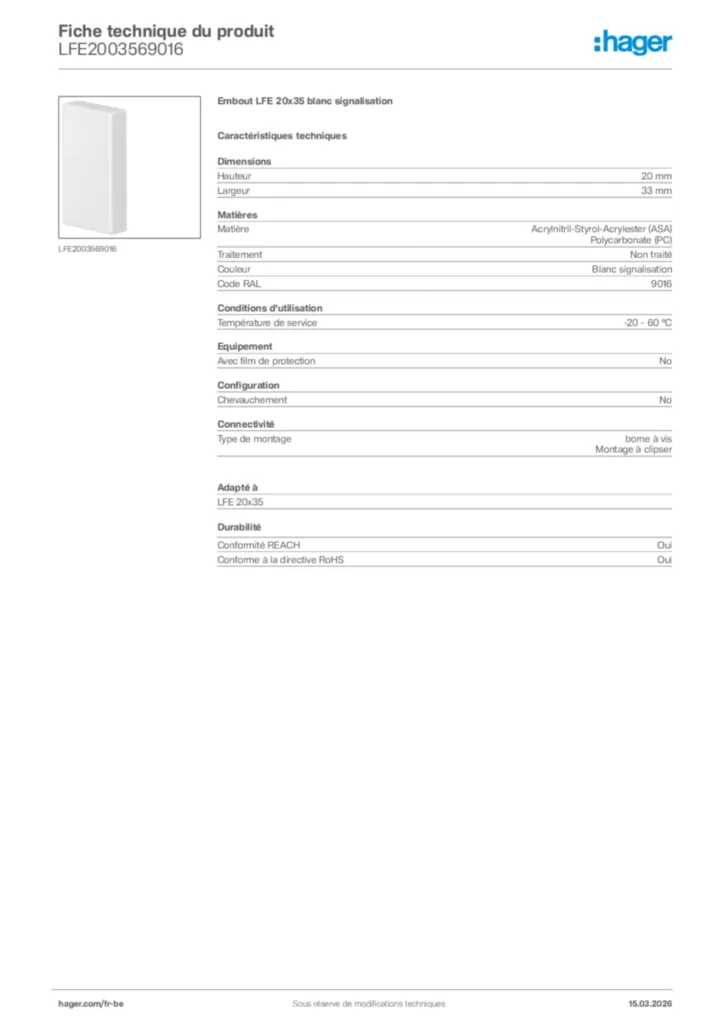 Image Hager Fiche technique du produit LFE2003569016 | Hager Belgique