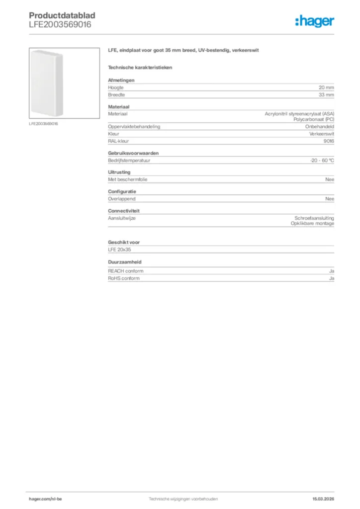 Afbeelding Hager Productdatablad LFE2003569016 | Hager Belgium