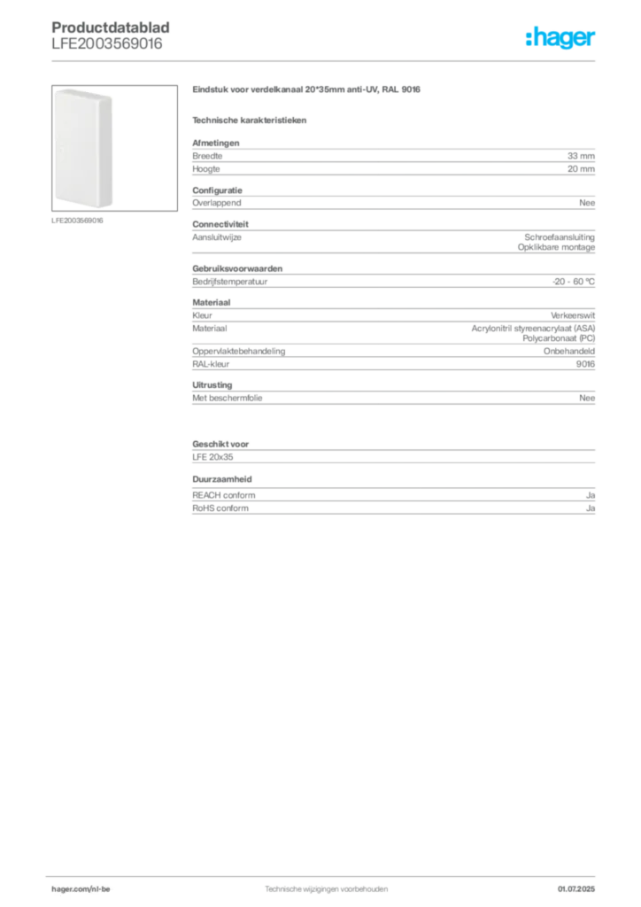 Afbeelding Hager Productdatablad LFE2003569016 | Hager Belgium
