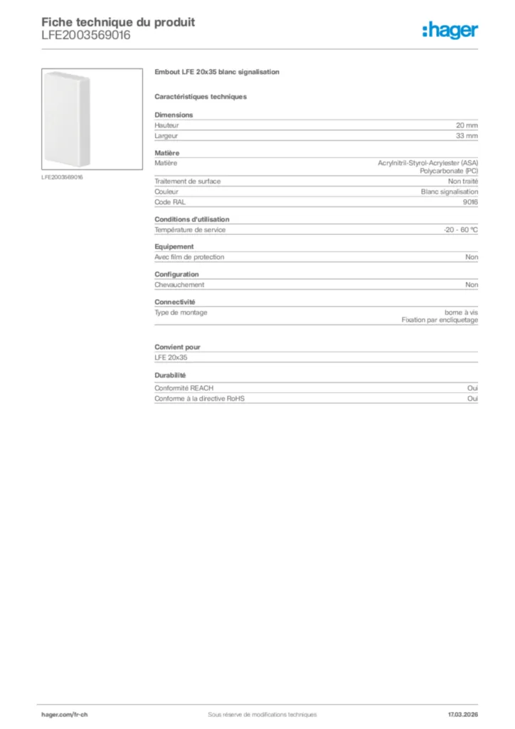 Image Hager Fiche technique du produit LFE2003569016 | Hager Suisse