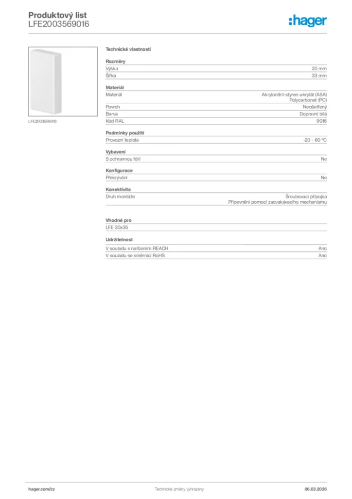 Obrázek Hager Product data sheet LFE2003569016 | Hager