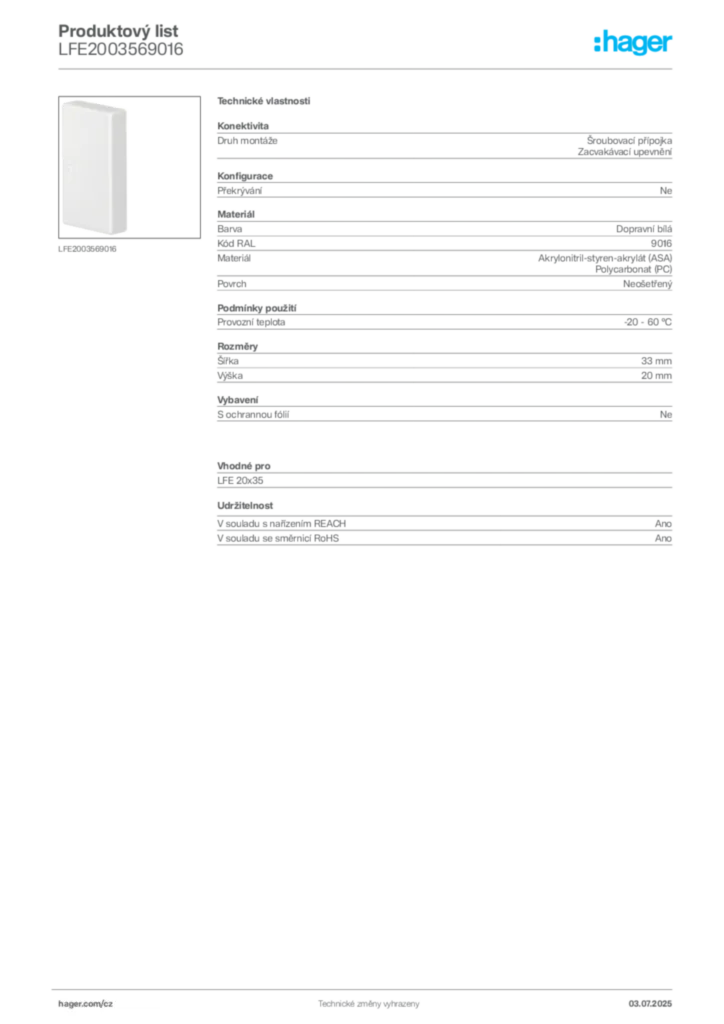 Obrázek Hager Produktový list LFE2003569016 | Hager