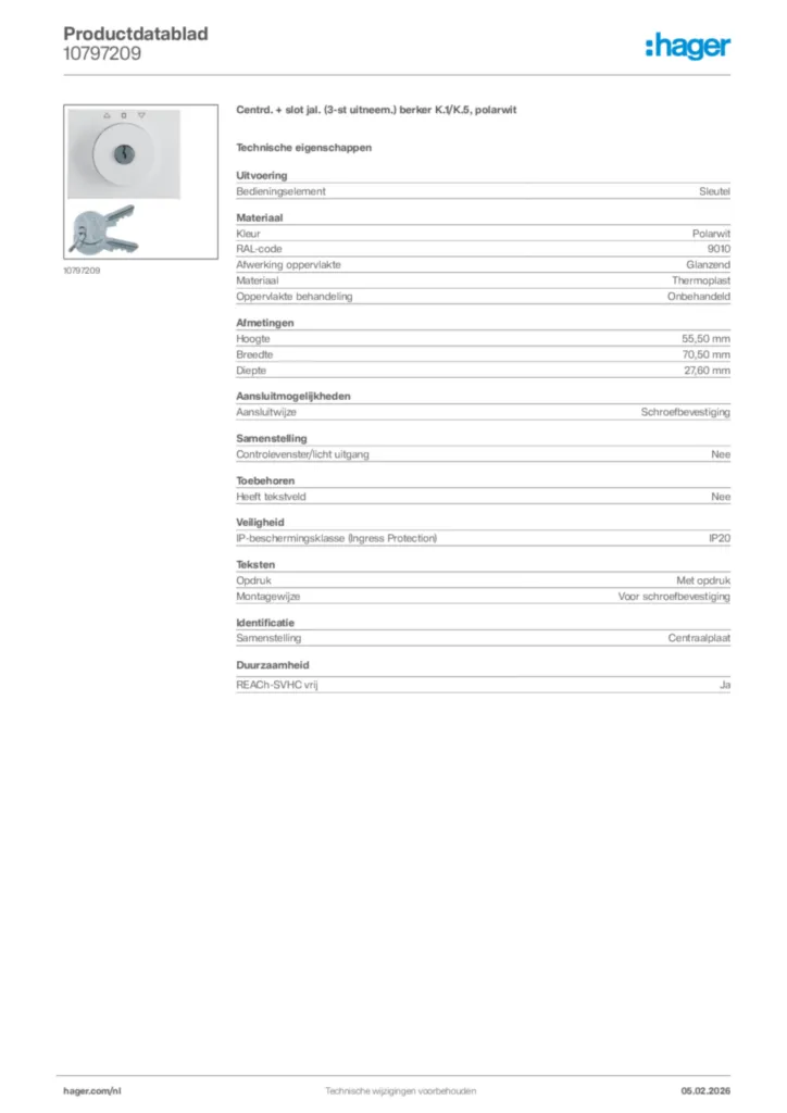 Afbeelding Hager Productdatablad 10797209 | Hager Nederland