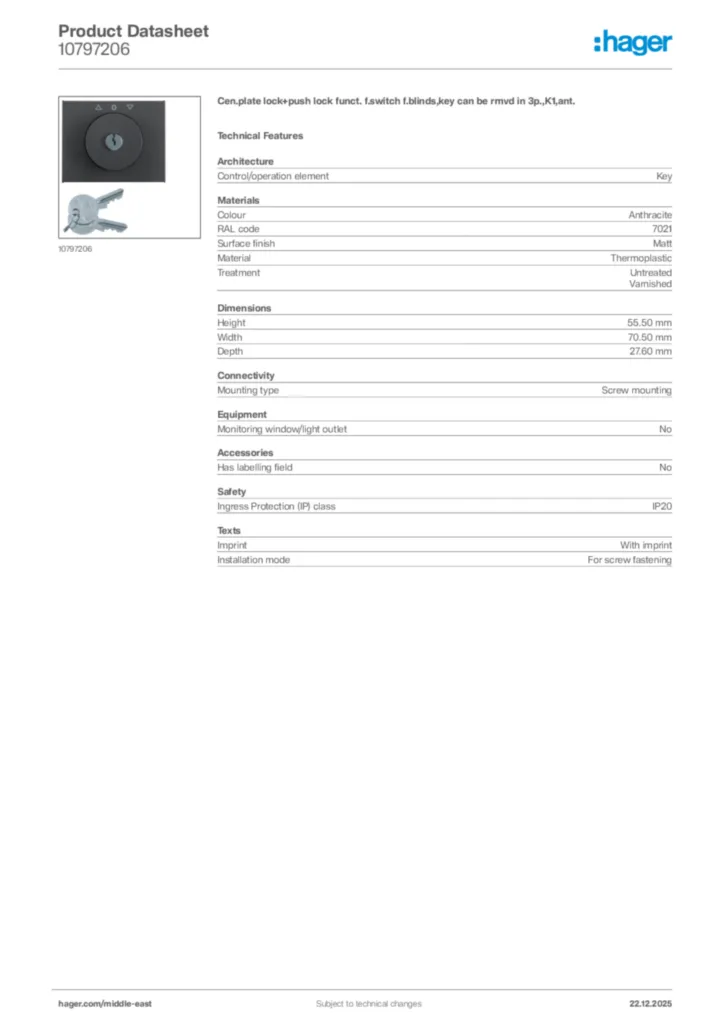 Image Hager Product data sheet 10797206  | Hager