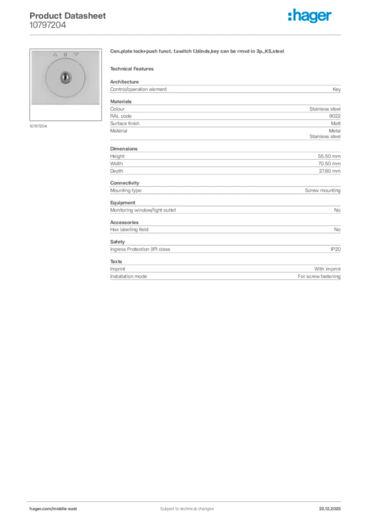 Image Hager Product data sheet 10797204  | Hager