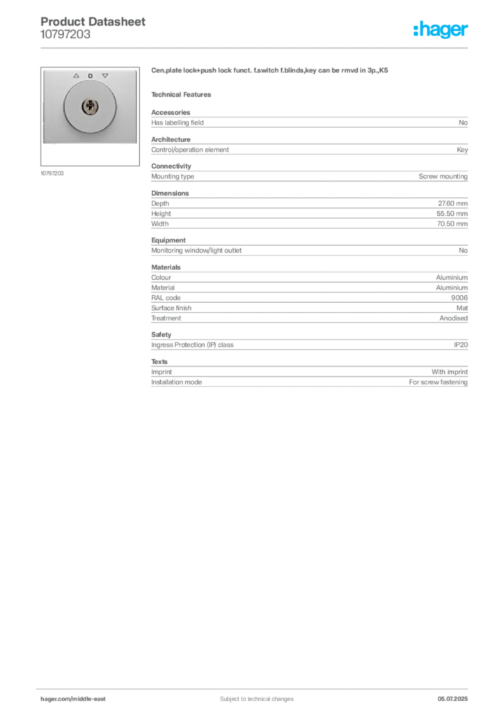 Image Hager Product data sheet 10797203  | Hager