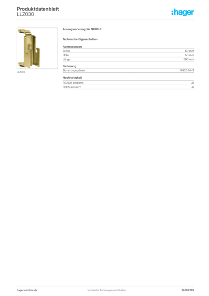 Bild Hager Produktdatenblatt LLZ030 | Hager Schweiz