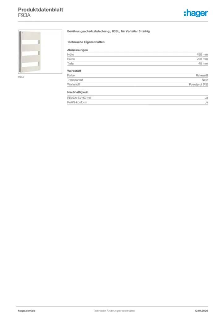 Bild Hager Produktdatenblatt F93A | Hager Deutschland