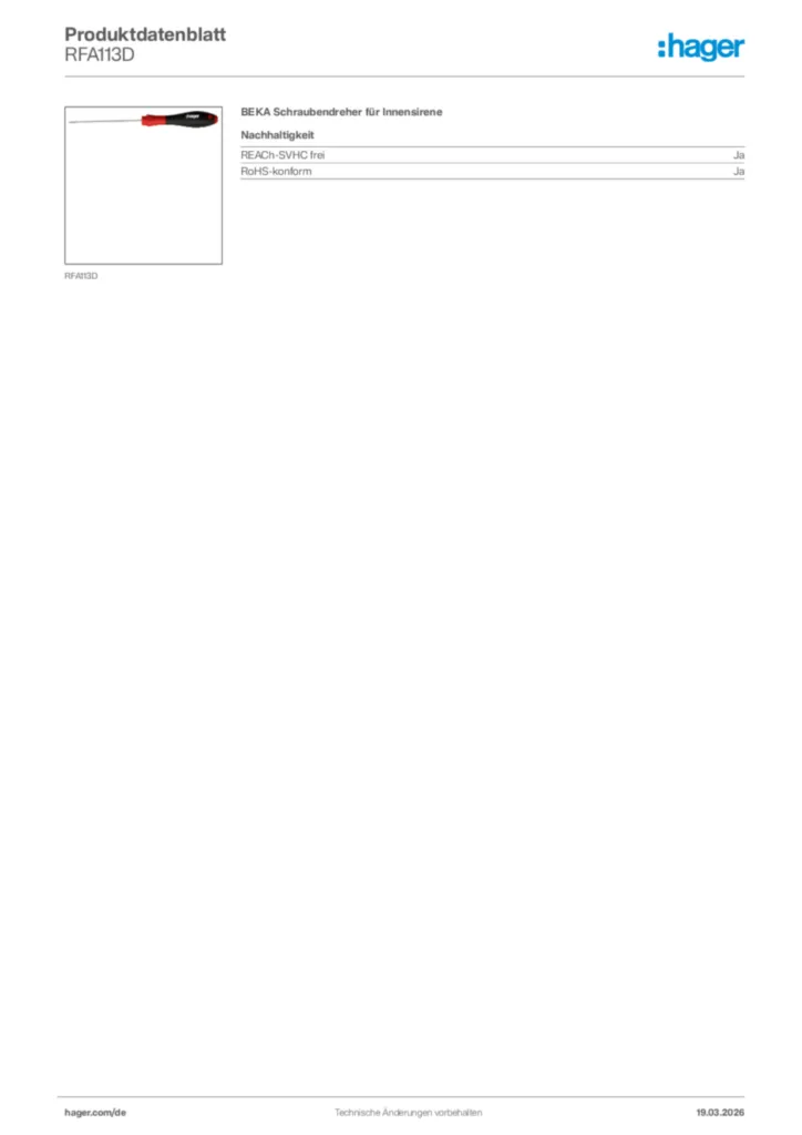 Bild Hager Produktdatenblatt RFA113D | Hager Deutschland