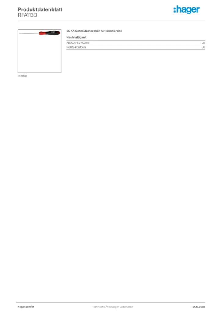 Bild Hager Produktdatenblatt RFA113D | Hager Deutschland