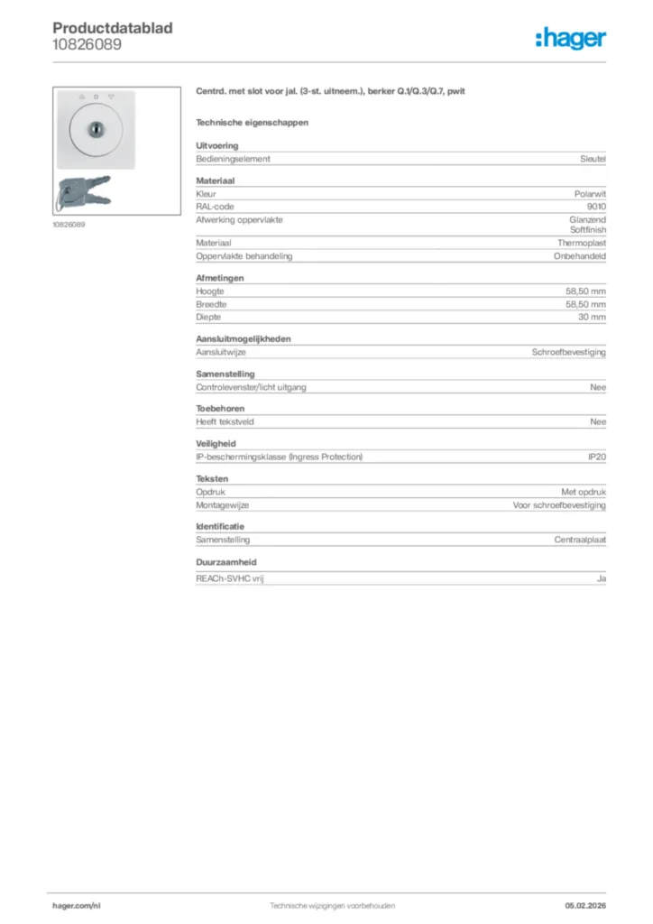 Afbeelding Hager Productdatablad 10826089 | Hager Nederland