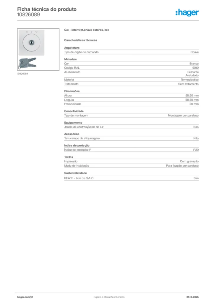 Imagem Hager Ficha técnica do produto 10826089 | Hager Portugal